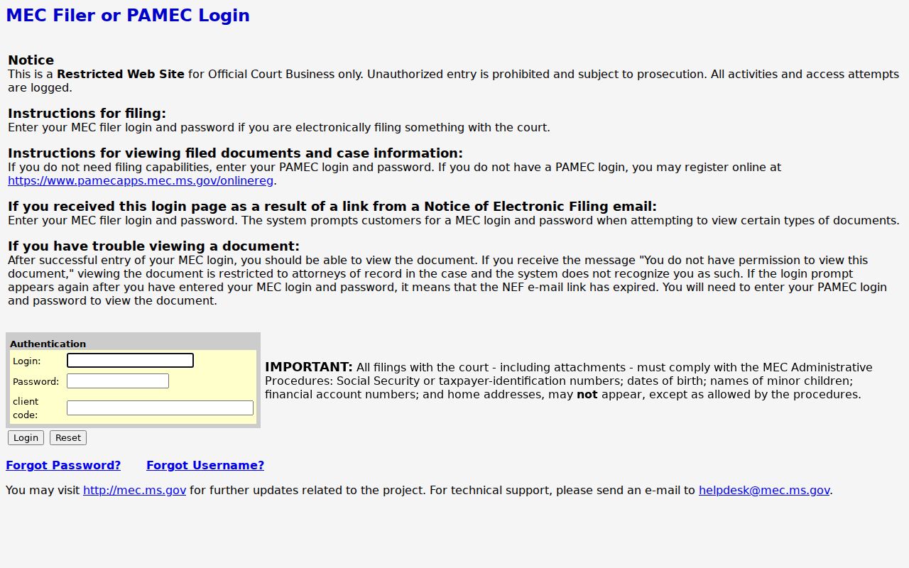 Leake County case search MEC authorized access screen