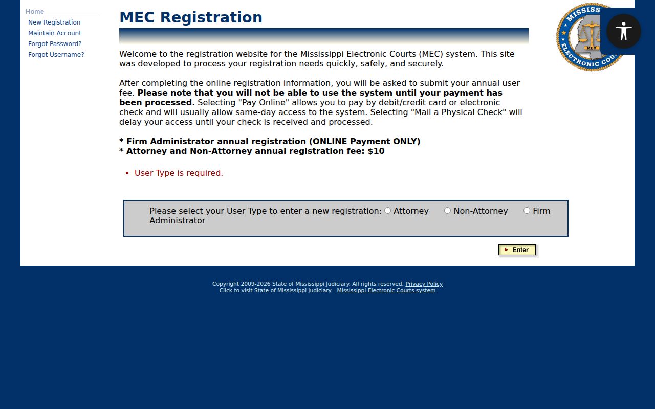 Leake County docket search PAMEC registration screen
