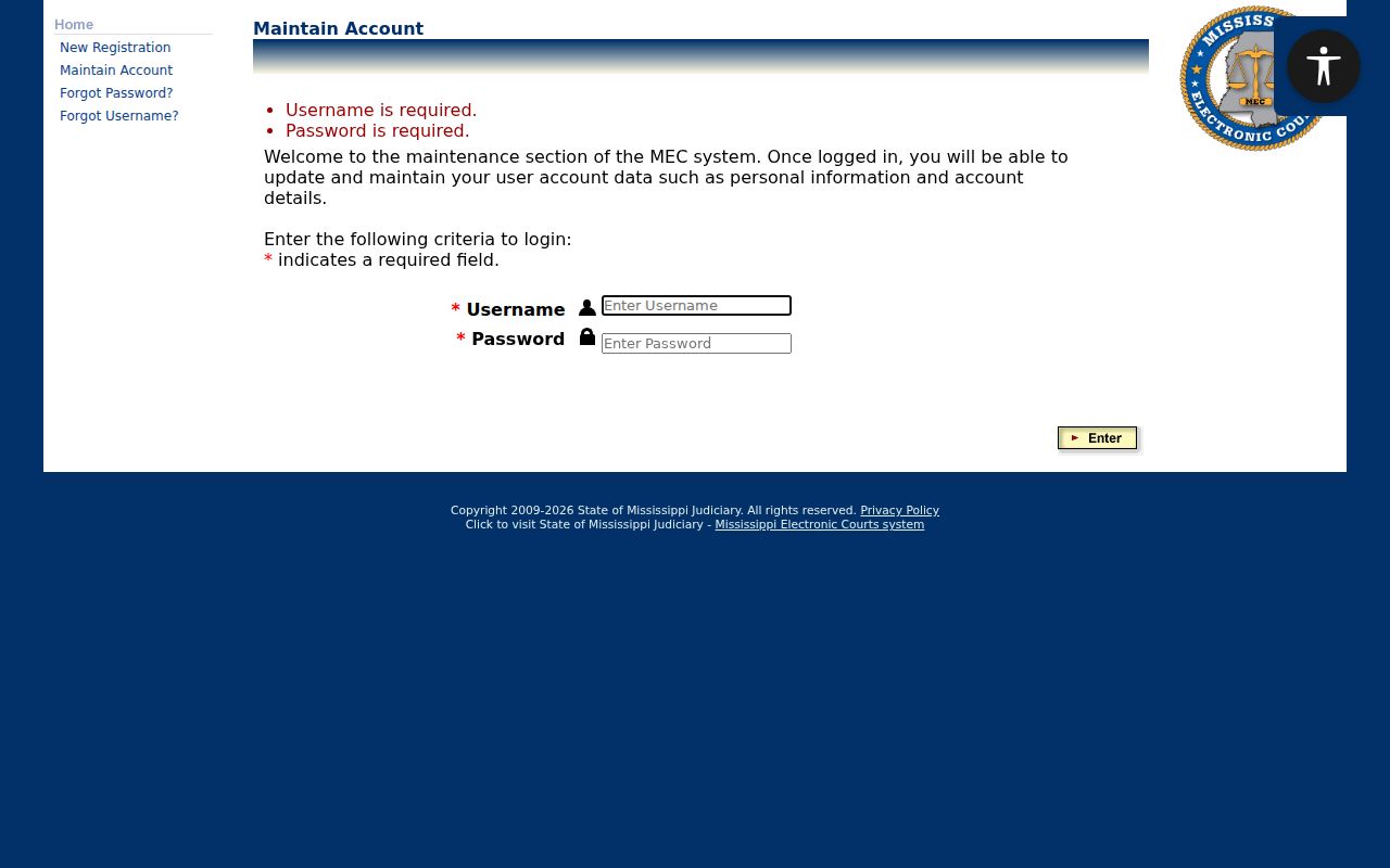 Leake County docket search public PAMEC login screen