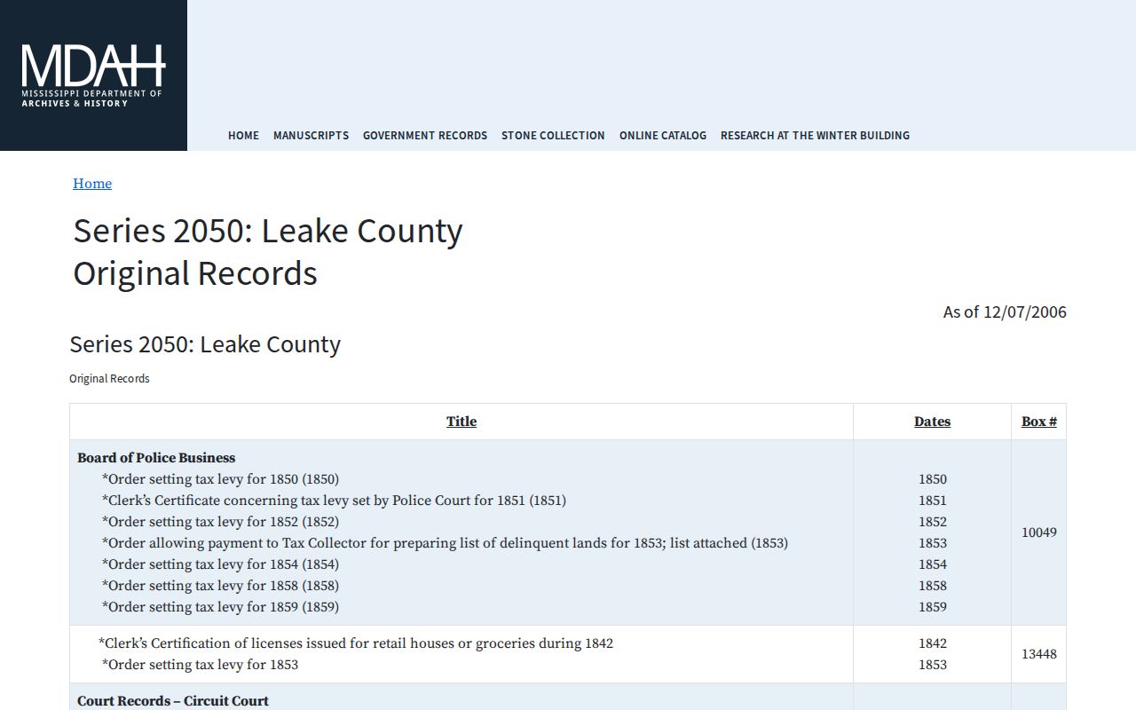 Leake County civil court dockets image of the MDAH Leake County records finding aid