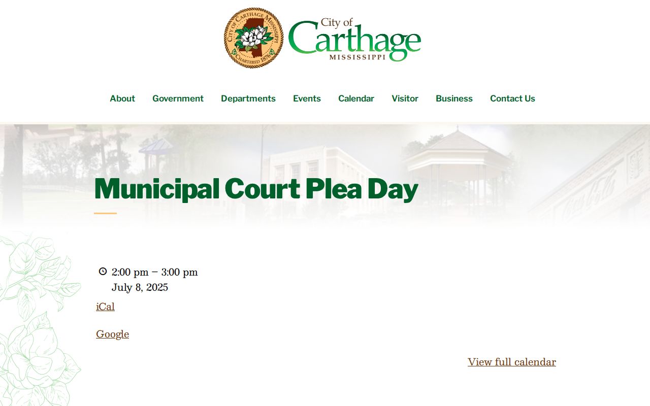 Leake County court schedule image of the Carthage Municipal Court Plea Day event