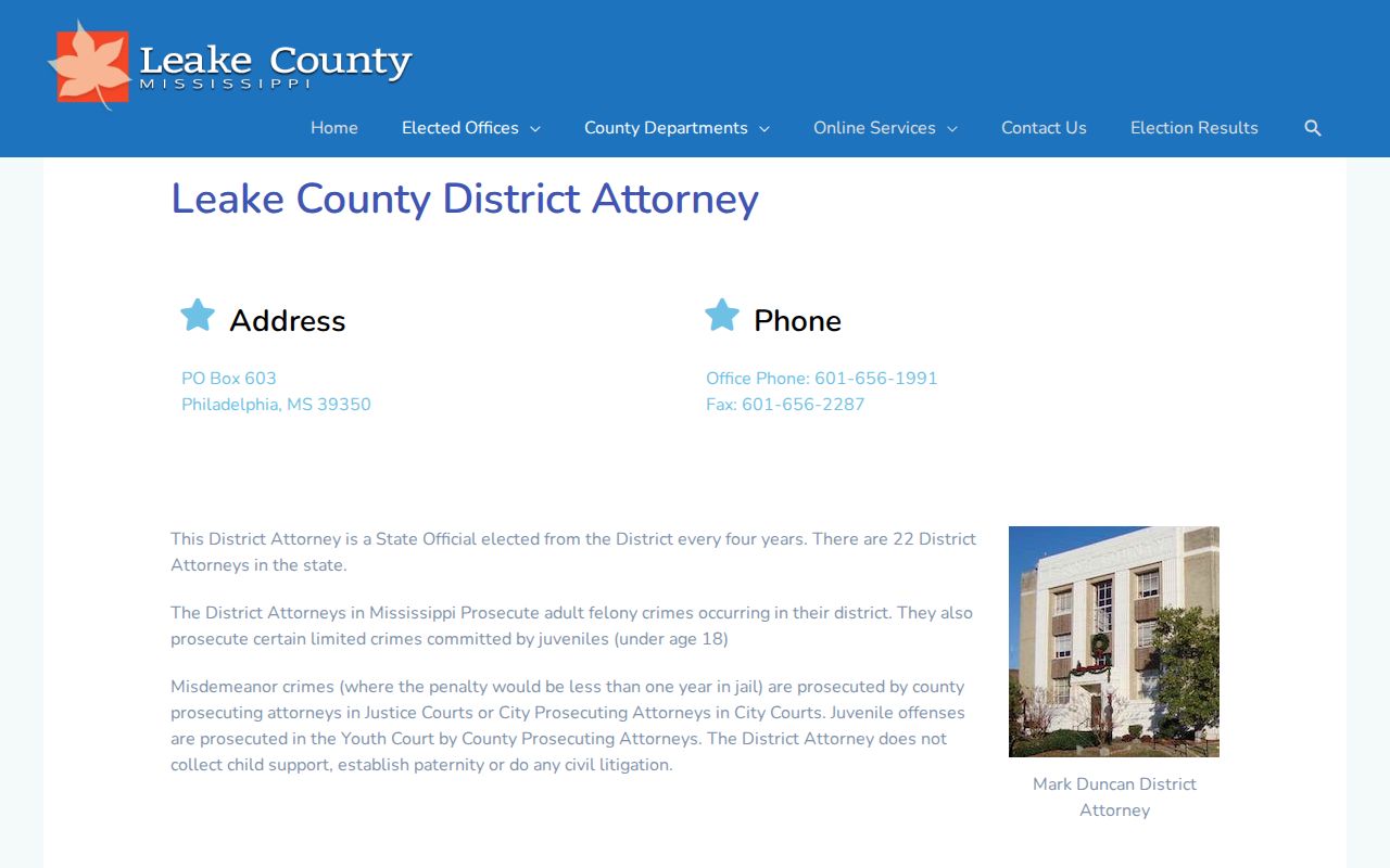 Leake County criminal court dockets image of the District Attorney contact page